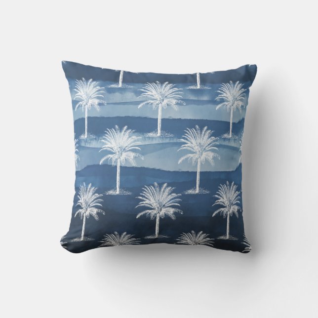 Tropical Palm Tree Blue White Pattern Outdoor Pillow (Front)
