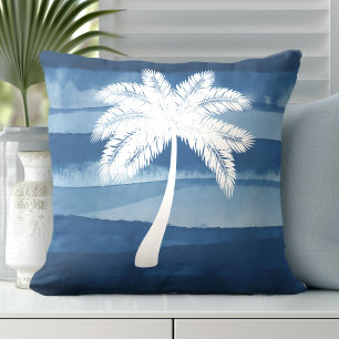 Tropical Palm Tree Blue White Throw Pillow