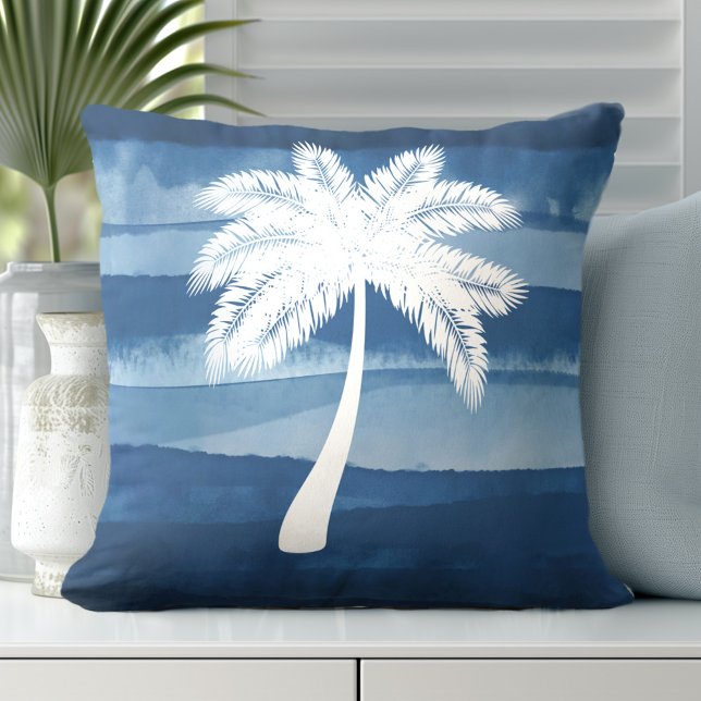 Tropical Palm Tree Blue White Throw Pillow (Discover our Elegant Coastal Throw Pillows in Blue & White.)