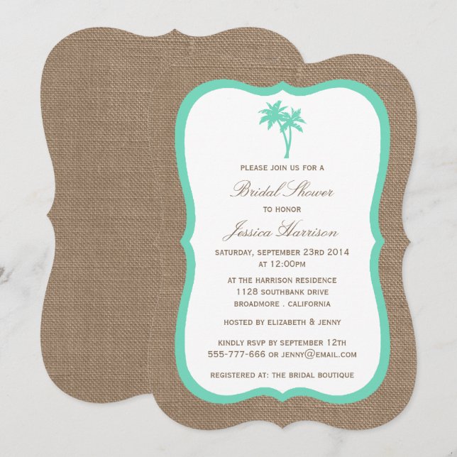 Tropical Palm Tree Burlap Beach Bridal Shower Invitation (Front/Back)