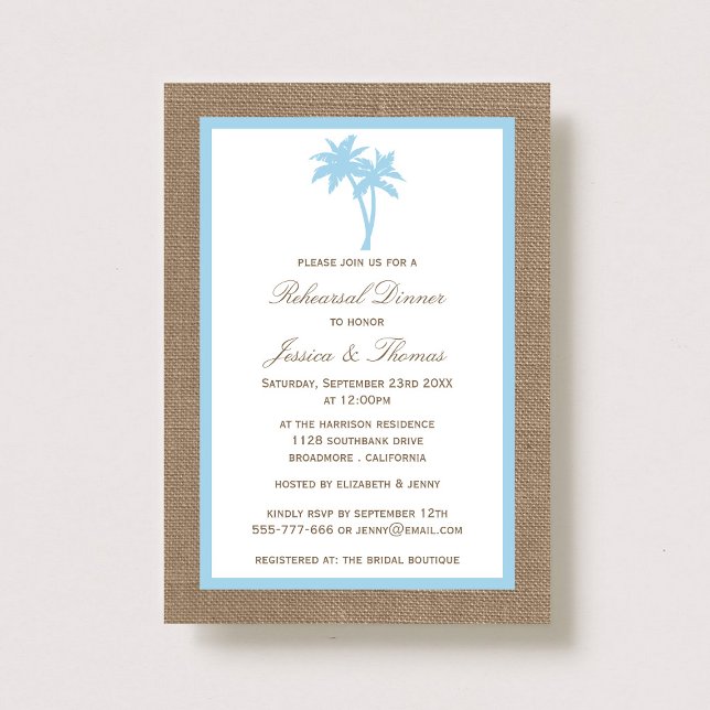Tropical Palm Tree Burlap Beach Rehearsal Dinner Invitation (Creator Uploaded)