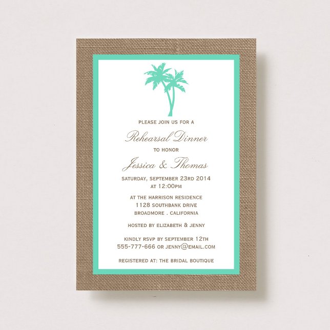 Tropical Palm Tree Burlap Beach Rehearsal Dinner Invitation (Creator Uploaded)