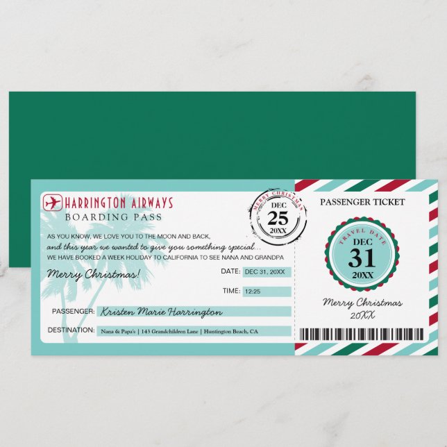 Tropical Palm Tree Christmas Gift Boarding Pass Invitation (Front/Back)