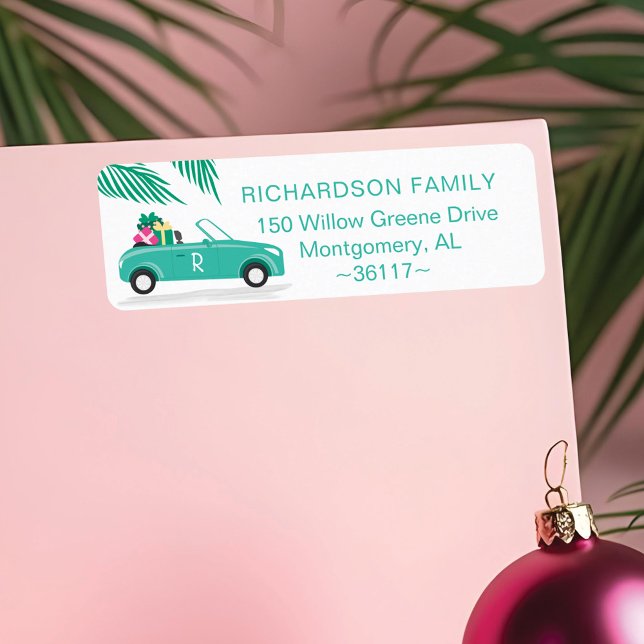 Tropical Palm Tree Christmas Teal Blue Convertible (Tropical Palm Tree Christmas Teal Blue Convertible Label)