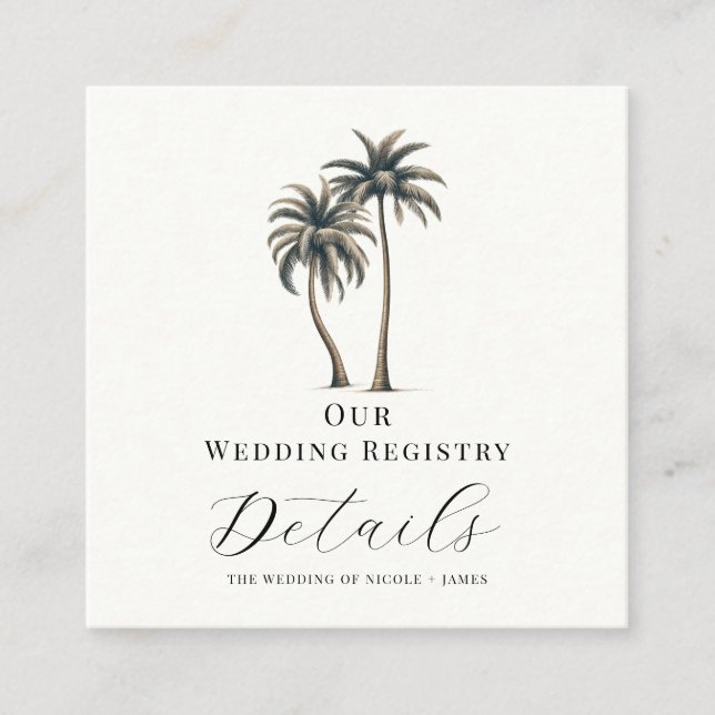 Tropical Palm Tree Coastal Wedding Registry QR  Square Business Card (Front)