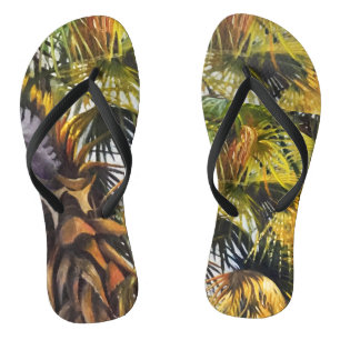 Tropical Palm Tree Colourful Original Painting Flip Flops