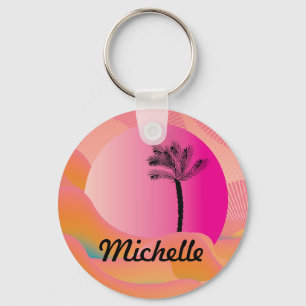 Tropical Palm Tree Colourful Pink Pattern Name  Keychain