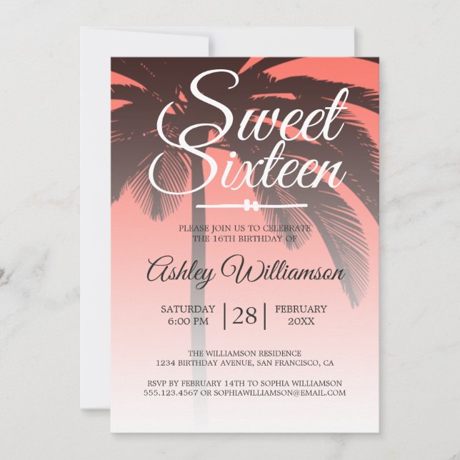 Tropical Palm Tree Coral Sweet 16 16th Birthday Invitation (Front)