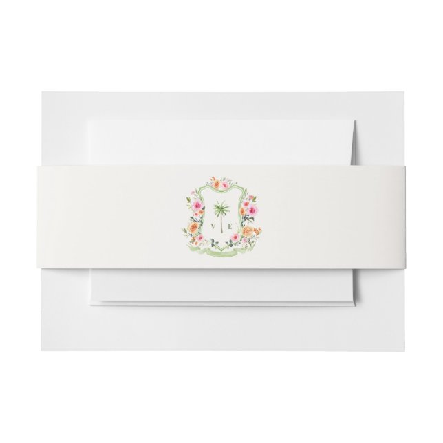 Tropical Palm Tree Crest Monogram Summer Wedding Invitation Belly Band (Front Example)