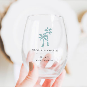 Tropical Palm Tree Destination Wedding Favour Stemless Wine Glass