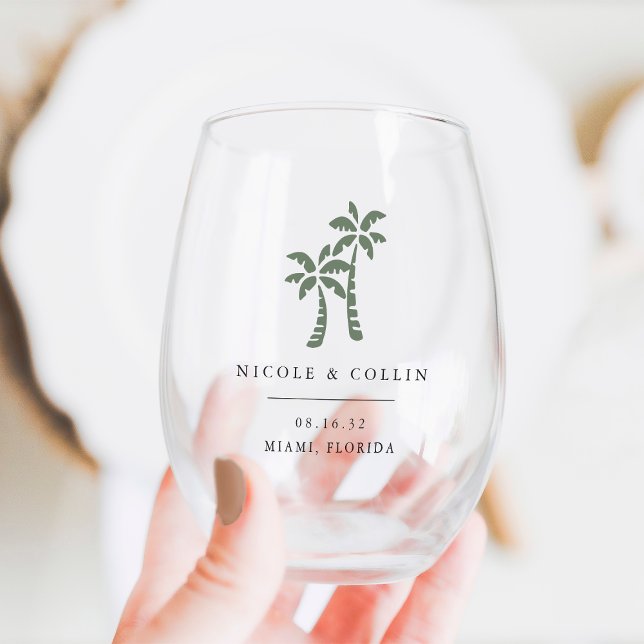 Tropical Palm Tree Destination Wedding Favour Stemless Wine Glass (Creator Uploaded)