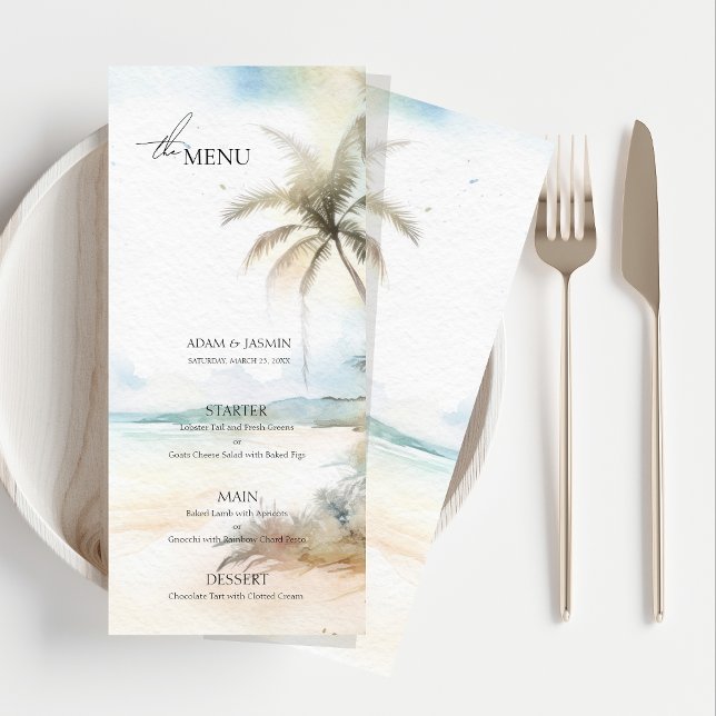 Tropical Palm Tree Destination Wedding Menu (Watercolor Tropical Beach Palm Trees Wedding Menu)