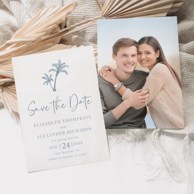 Tropical Palm Tree Dusty Blue Beach Wedding Save The Date (Creator Uploaded)