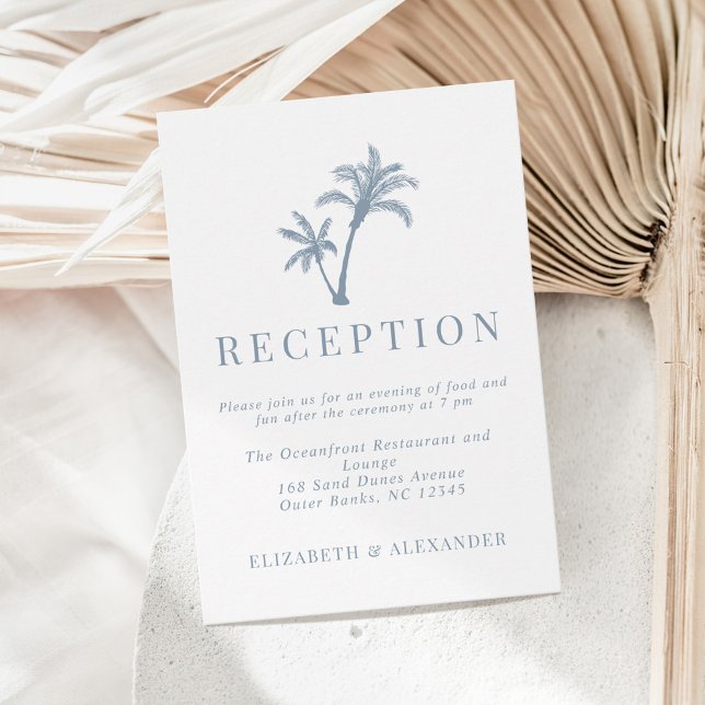 Tropical Palm Tree Dusty Blue Wedding Reception Enclosure Card (Creator Uploaded)