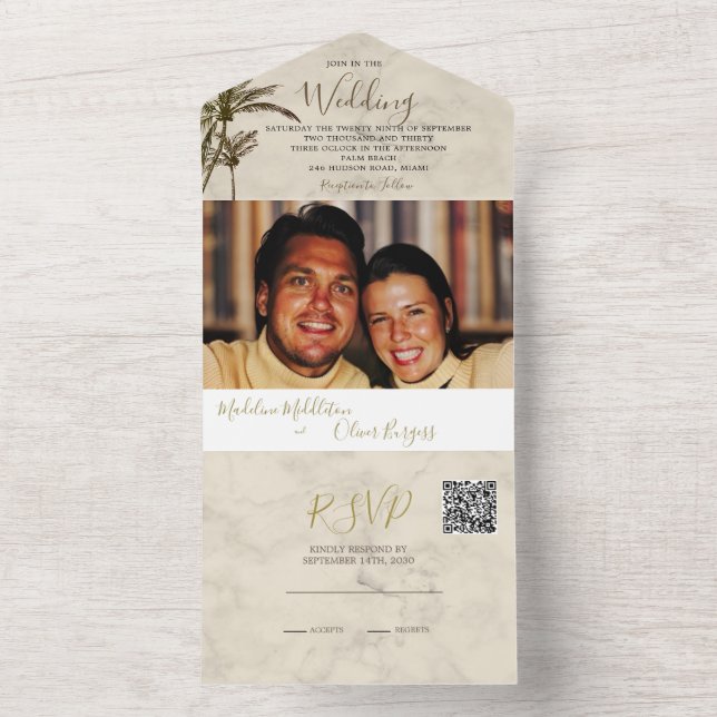 Tropical Palm Tree Elegant Modern Rustic Wedding All In One Invitation (Inside)