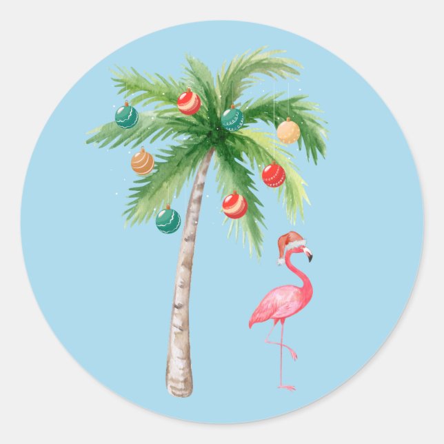 Tropical Palm Tree Flamingo Holiday Party  Classic Round Sticker (Front)