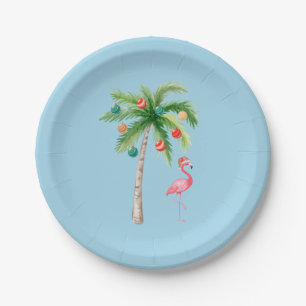 Tropical Palm Tree Flamingo Holiday Party Paper Plate