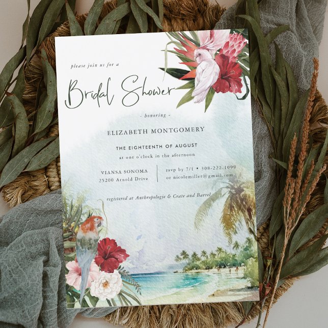 Tropical Palm Tree Floral Beach Bridal Shower Invitation (Creator Uploaded)