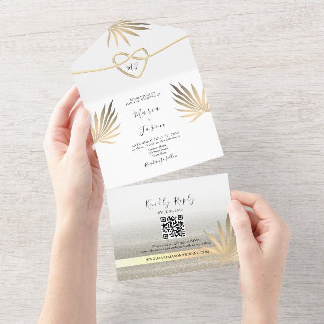 Tropical Palm Tree Gold Beach Wedding All In One Invitation (Tearaway)