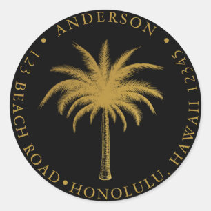 Tropical Palm Tree Gold & Black Return Address  Classic Round Sticker