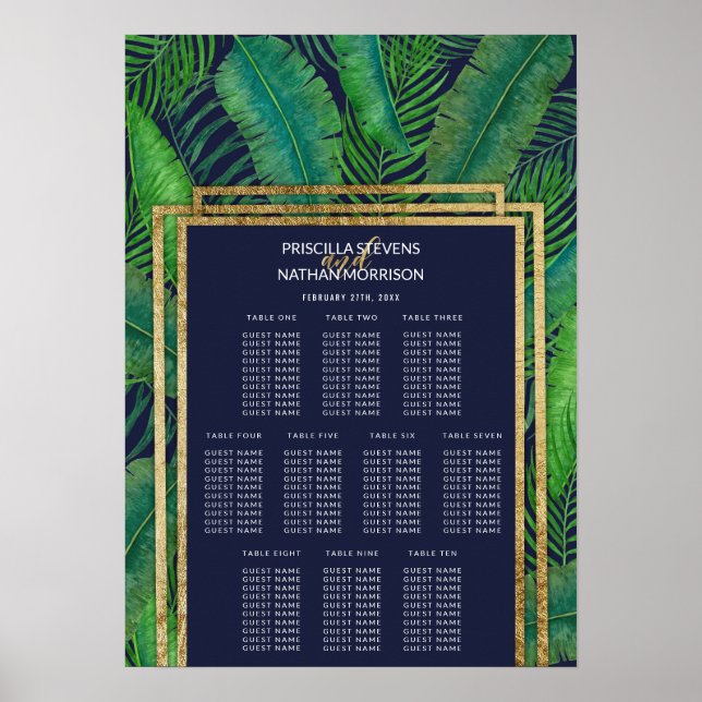 Tropical Palm Tree Green Gold Blue Seating Chart (Front)
