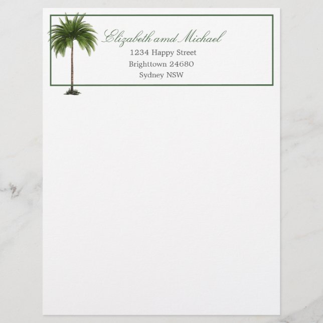  Tropical Palm Tree Green Stylish Wedding  Letterhead (Front)