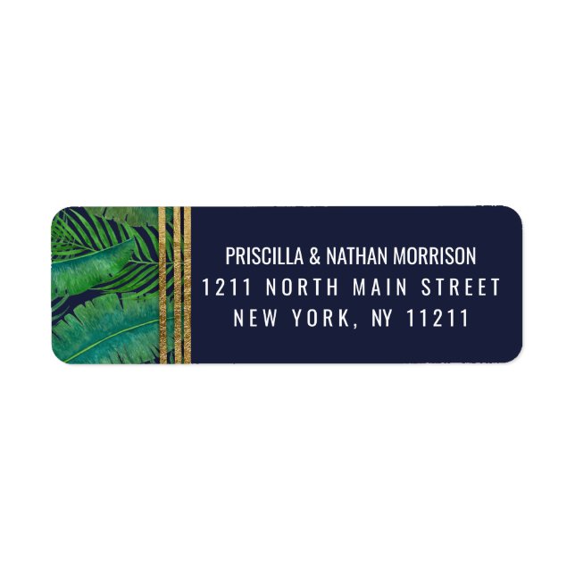 Tropical Palm Tree Greenery Gold Navy Blue Address (Front)