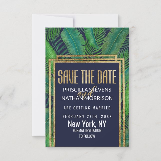 Tropical Palm Tree Greenery Gold Navy Blue Save The Date (Front)