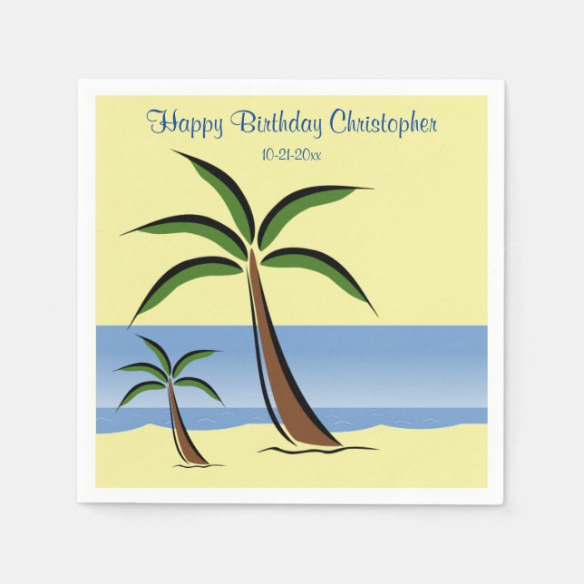 Tropical Palm Tree Happy Birthday Beach Ocean Name Napkin (Front)