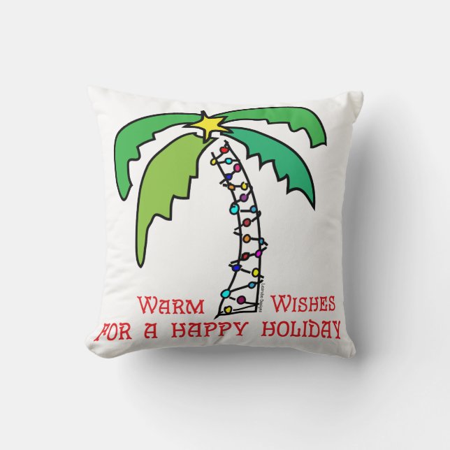 Tropical Palm Tree Happy Holidays Throw Pillow (Front)