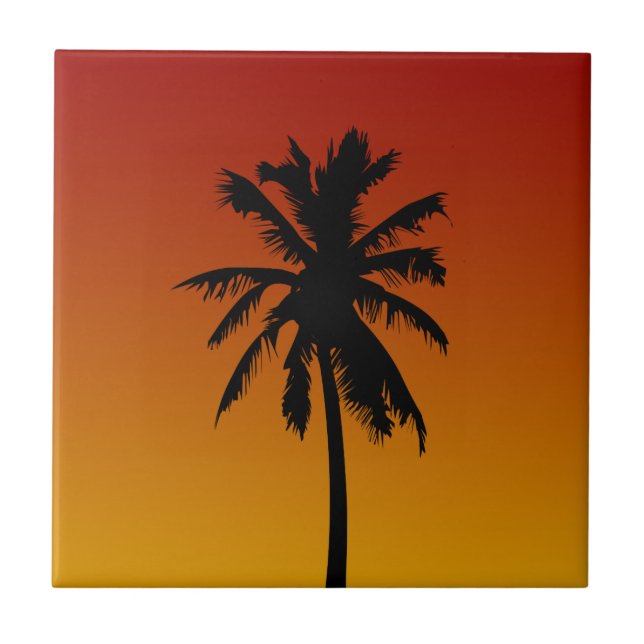 Tropical Palm Tree In Red Orange Sunset Tile (Front)