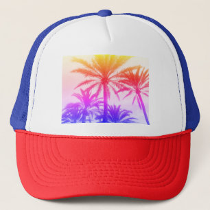 tropical palm tree in retro neon 80's summer vibe trucker hat