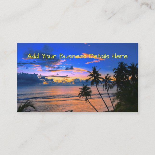 Tropical Palm Tree Island Exotic Beach Sunset Business Card (Front)