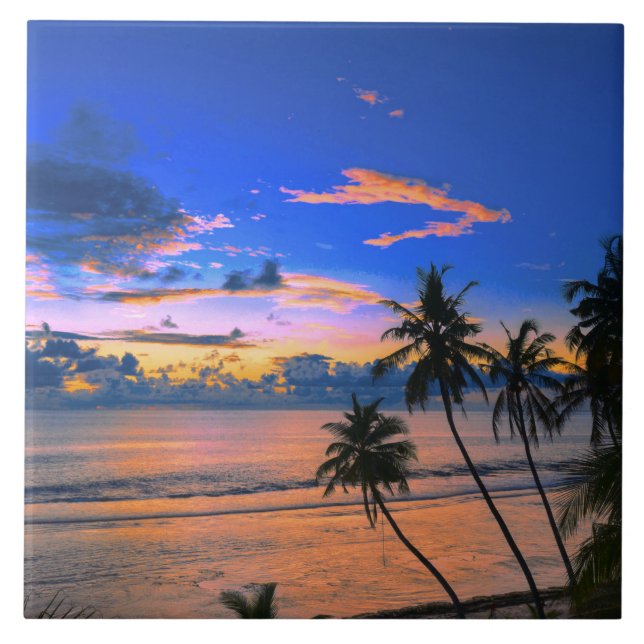 Tropical Palm Tree Island Exotic Beach Sunset Tile (Front)