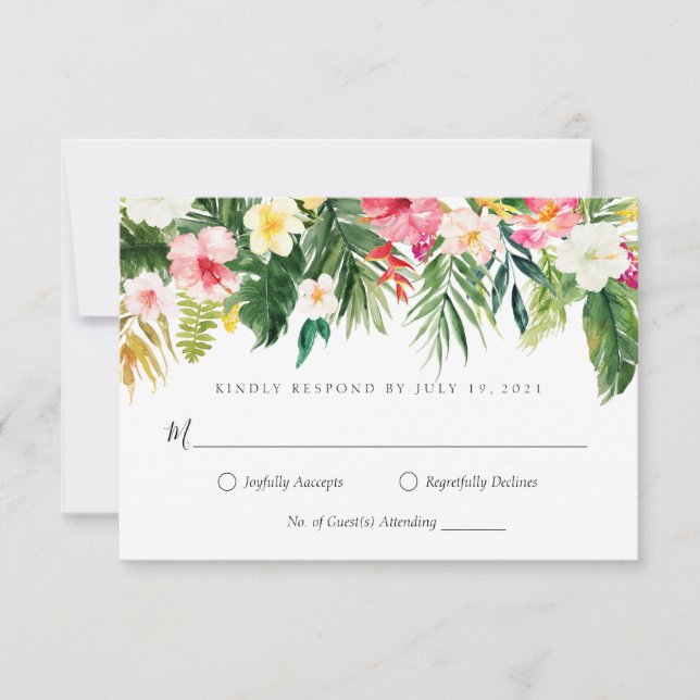 Tropical palm tree leaf and floral RSVP card (Front)