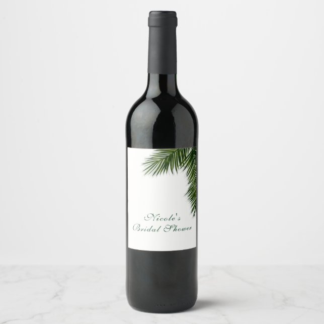 Tropical Palm Tree Leaf Elegant Wedding Wine Label (Front)