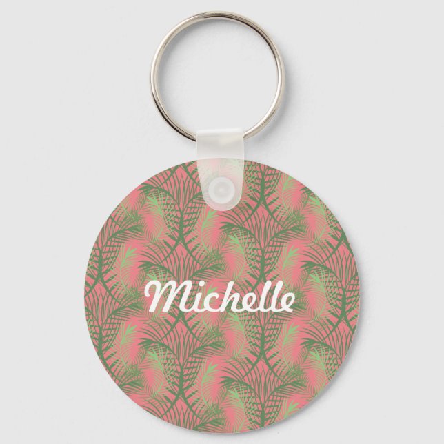 Tropical Palm Tree Leaf Pink Pattern Name   Keychain (Front)