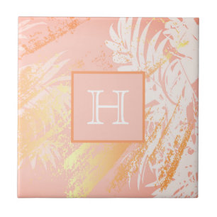 Tropical palm tree leaves coral rose gold monogram tile