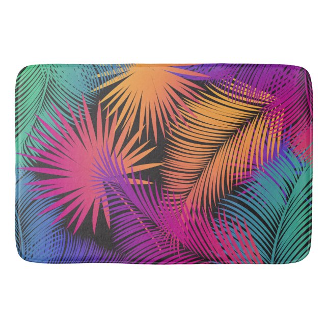 Tropical Palm Tree Leaves Jungle Rainbow Bath Mat (Front)
