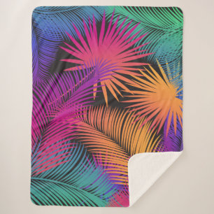 Tropical Palm Tree Leaves Jungle Rainbow Sherpa Blanket