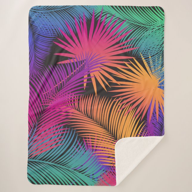 Tropical Palm Tree Leaves Jungle Rainbow Sherpa Blanket (Front)
