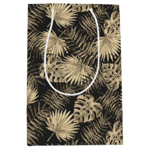Tropical Palm Tree Leaves Pattern Black Gold Medium Gift Bag