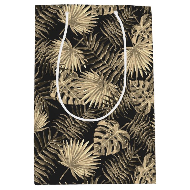 Tropical Palm Tree Leaves Pattern Black Gold Medium Gift Bag (Front)