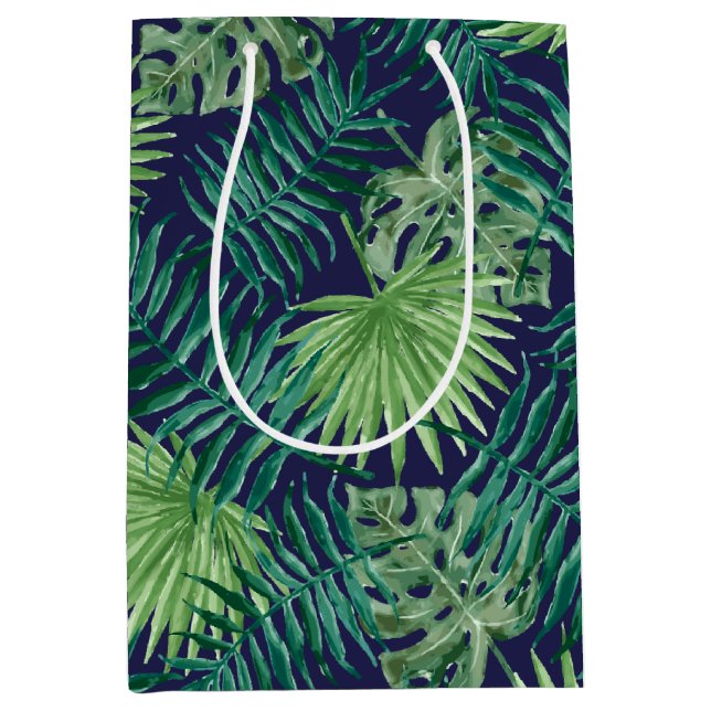 Tropical Palm Tree Leaves Pattern Dark Blue Green Medium Gift Bag (Front)