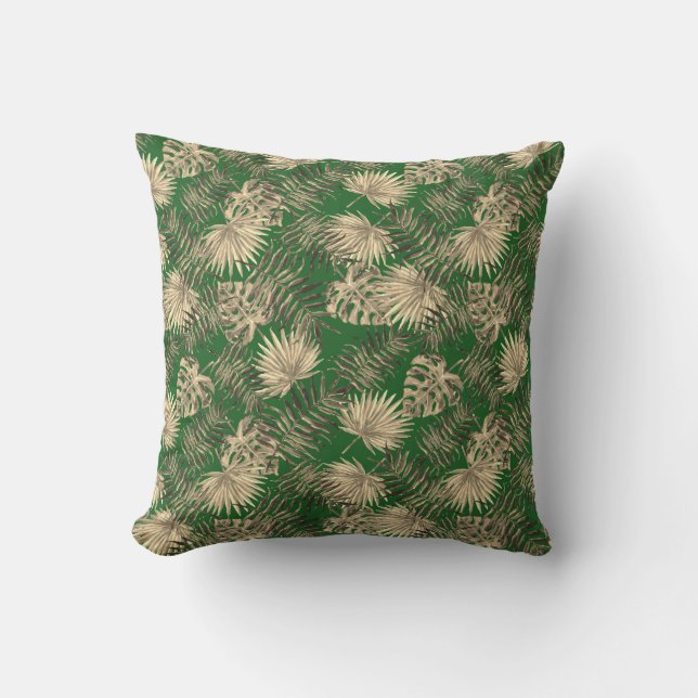 Tropical Palm Tree Leaves Pattern Dark Green Gold Throw Pillow (Front)