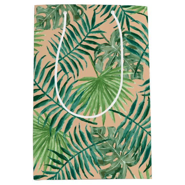 Tropical Palm Tree Leaves Pattern Gold Green Medium Gift Bag (Front)