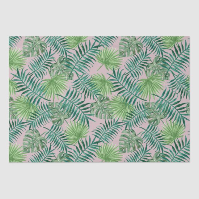 Tropical Palm Tree Leaves Pattern Green Pink Tissue Paper (Front)