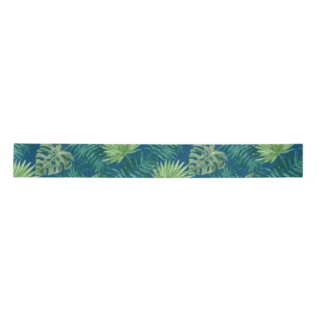 Tropical Palm Tree Leaves Pattern Green teal blue Satin Ribbon (Front)