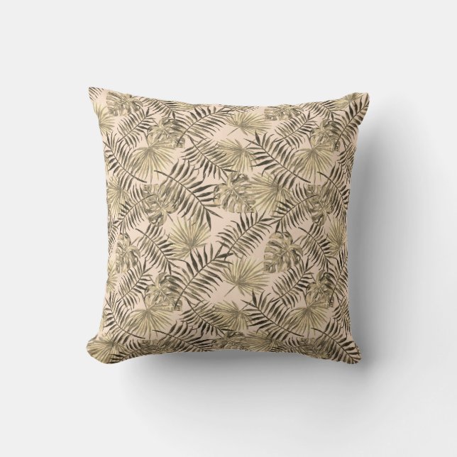 Tropical Palm Tree Leaves Pattern Peach Pink Gold Throw Pillow (Front)