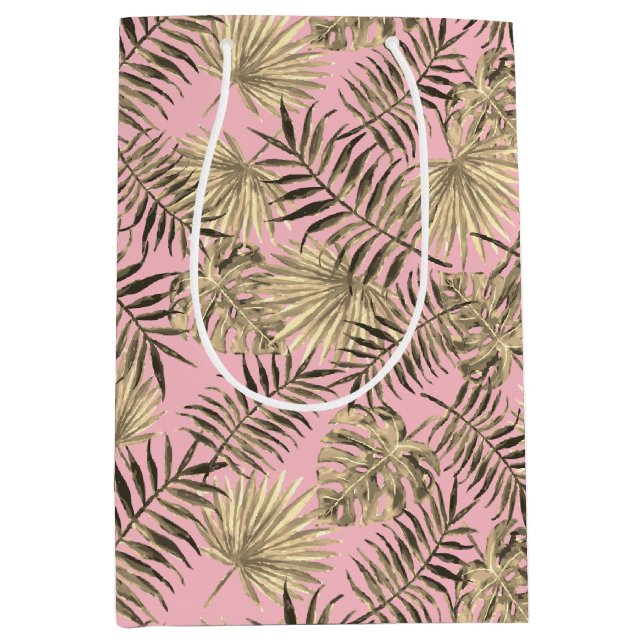Tropical Palm Tree Leaves Pattern Pink Gold Medium Gift Bag (Front)